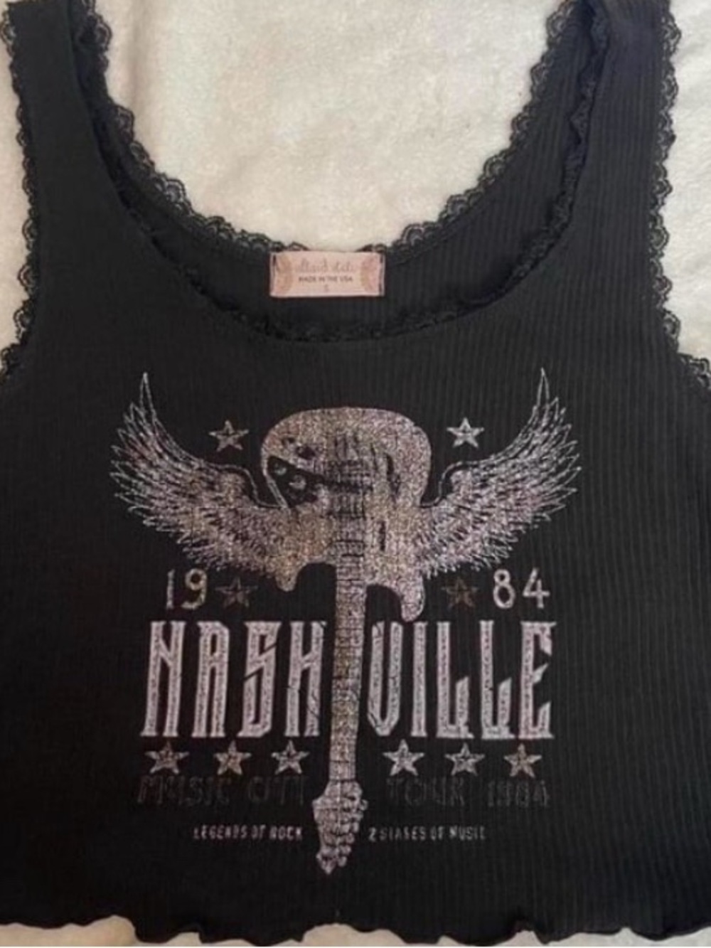 Black Ribbed Nashville Tank with Winged Guitar Graphic